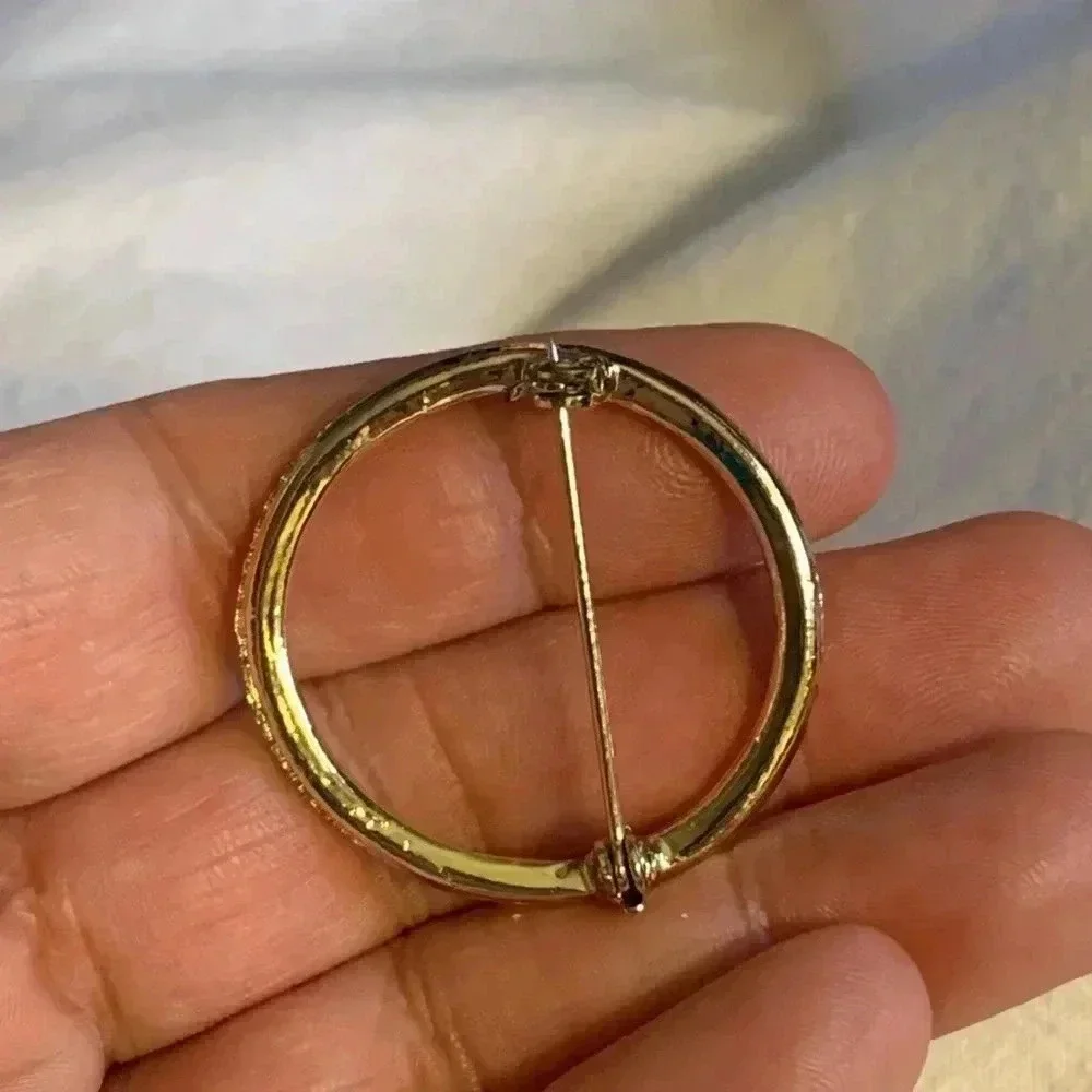 Vintage “Circle of Life” pin/ brooch gold tone iridescent glass crystals Unisex